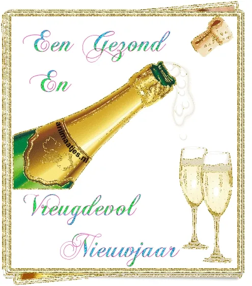 Een champagnefles die opent, met twee glazen en de tekst "Gelukkig Nieuwjaar".