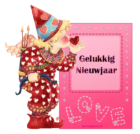 Een clown met harten blaast een kus naar een nieuwjaarskaart.