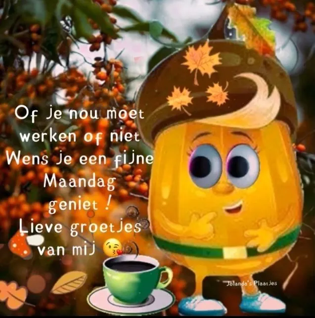 Een cartoonfiguur met een hoed en een kop koffie, omringd door bladeren en bessen.