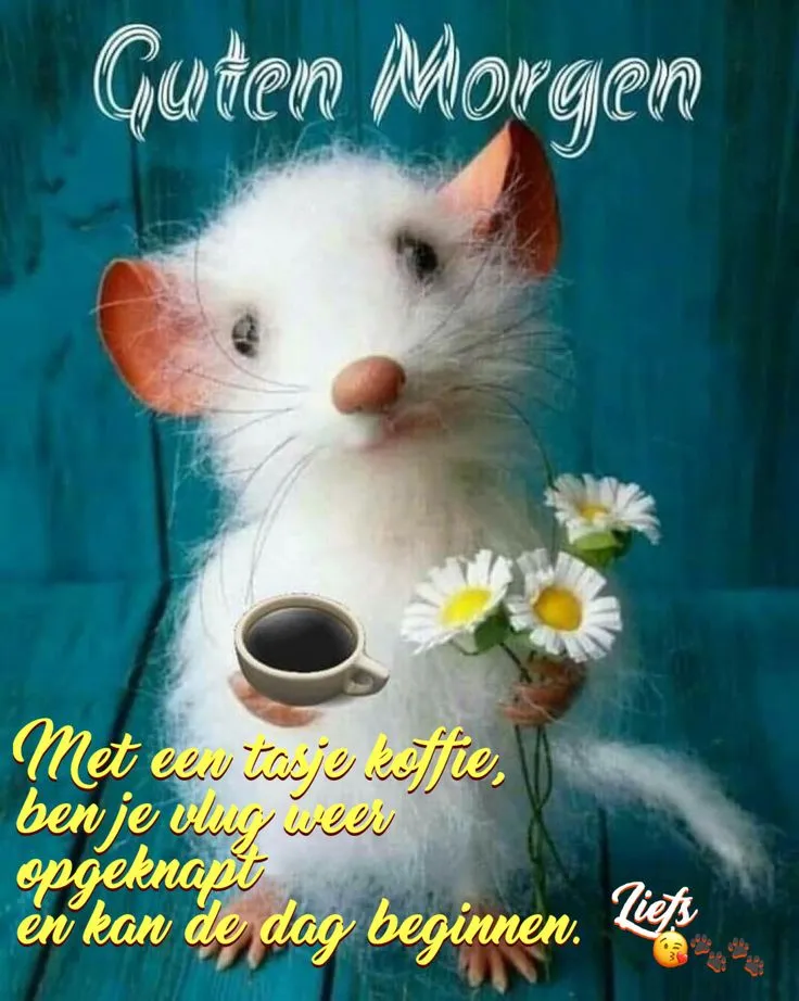 Een schattige muis met een koffiekopje en bloemen, met de tekst "Guten Morgen".
