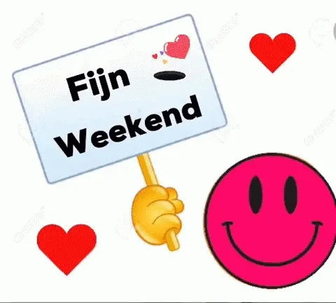 Een vrolijke smiley houdt een bord met de tekst "Fijn Weekend" vast, omringd door hartjes.