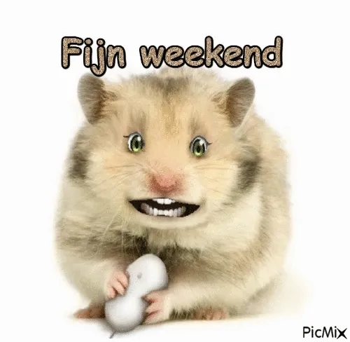 Een hamster met een grote glimlach en een muisje in de hand, tekst zegt "Fijn weekend".