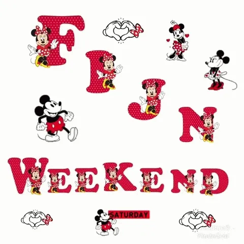 Kleurrijke tekst met Mickey en Minnie Mouse voor een gezellig weekend.