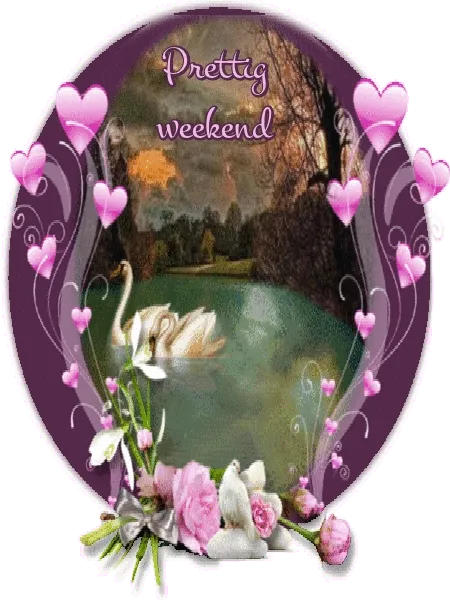 Een schilderachtige achtergrond met zwanen en bloemen, met de tekst "Prettig weekend".