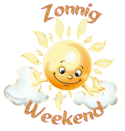 Zonnige zon met een lach en tekst "Zonnig Weekend" in glinsterende letters.