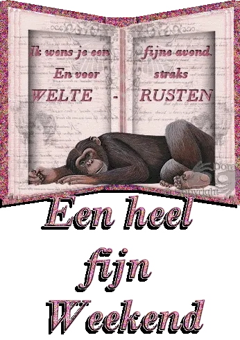 Een aap ligt ontspannen tussen open boek met de tekst 'Fijn weekend'.