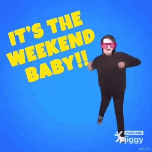 Kind danst vrolijk met een tekst "Het is het weekend, baby!" op een blauwe achtergrond.