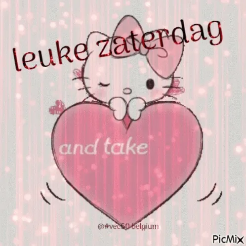 Tekening van een schattig karakter met een hart en de tekst "leuke zaterdag" erboven.