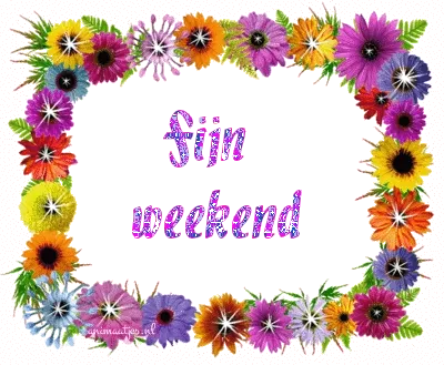 Kleurige bloemenrand met de tekst "Fijn weekend" in het midden.
