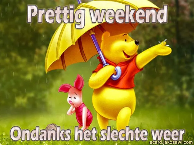 Winnie de Poeh met een paraplu en Teigetje, regenachtig weekend.