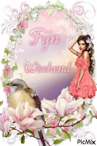 Een vrouw in een roze jurk met bloemen en een vogel, met de tekst "Fijn Weekend".