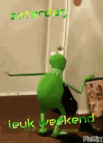 Groene figuur danst in een kamer met teksten over zaterdag en leuk weekend.