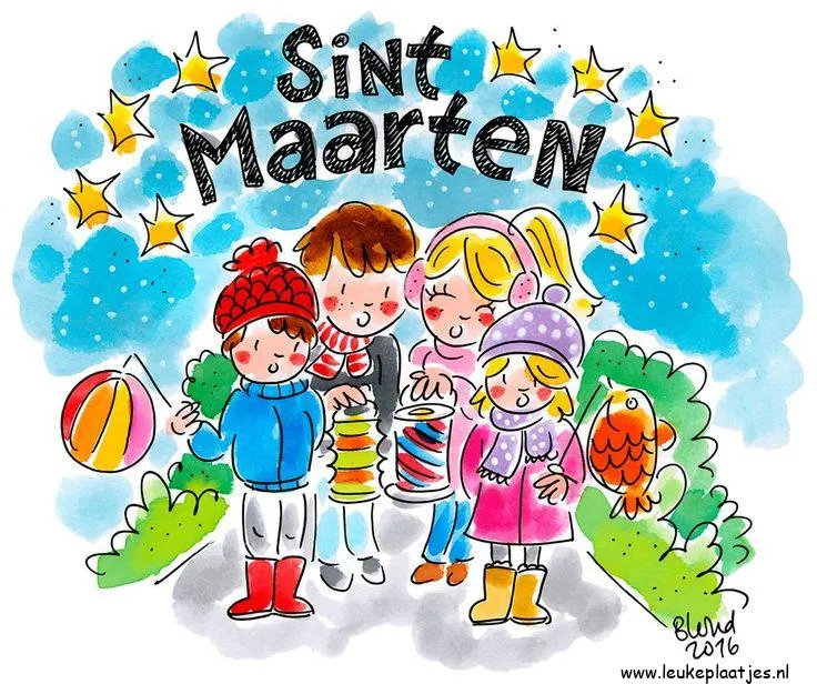 Drie kinderen met lampionnen vieren Sint Maarten in een kleurrijke omgeving.