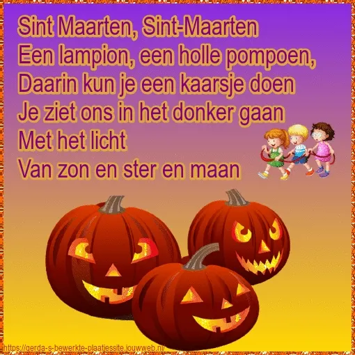 Afbeelding van een Sint-Maartens thema met pompoenen en kinderen die zingen.