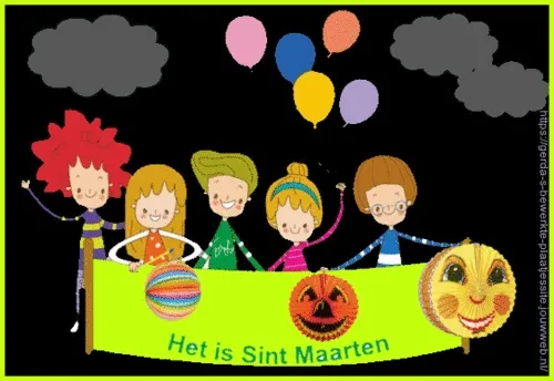 Groep kinderen met feestversiering viert Sint Maarten met een banner en ballonnen.