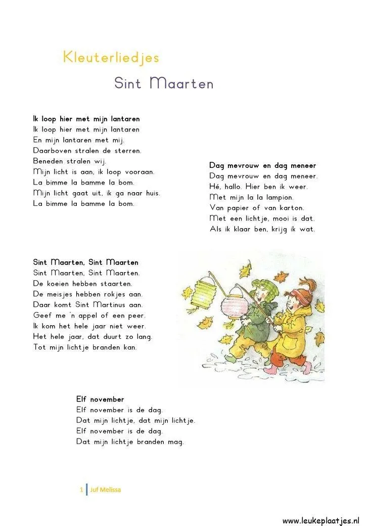 Een pagina met kleuterliedjes over Sint Maarten en illustraties.