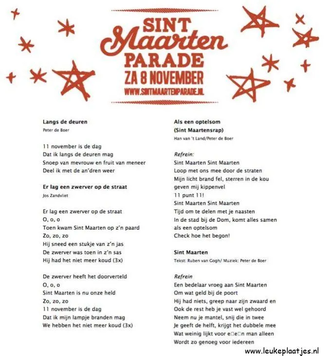 Een flyer voor de Sint Maarten Parade met teksten en sterrenmotieven.