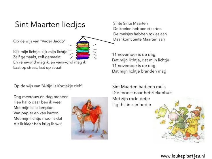 Afbeelding met Sint Maarten liedjes en illustraties van een muzikale scène.