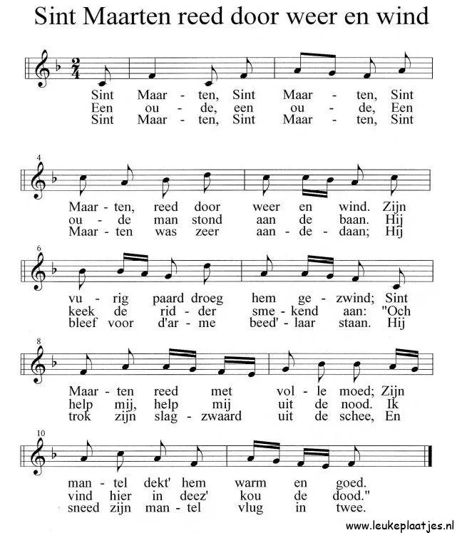 Bladmuziek van het lied "Sint Maarten reed door weer en wind".