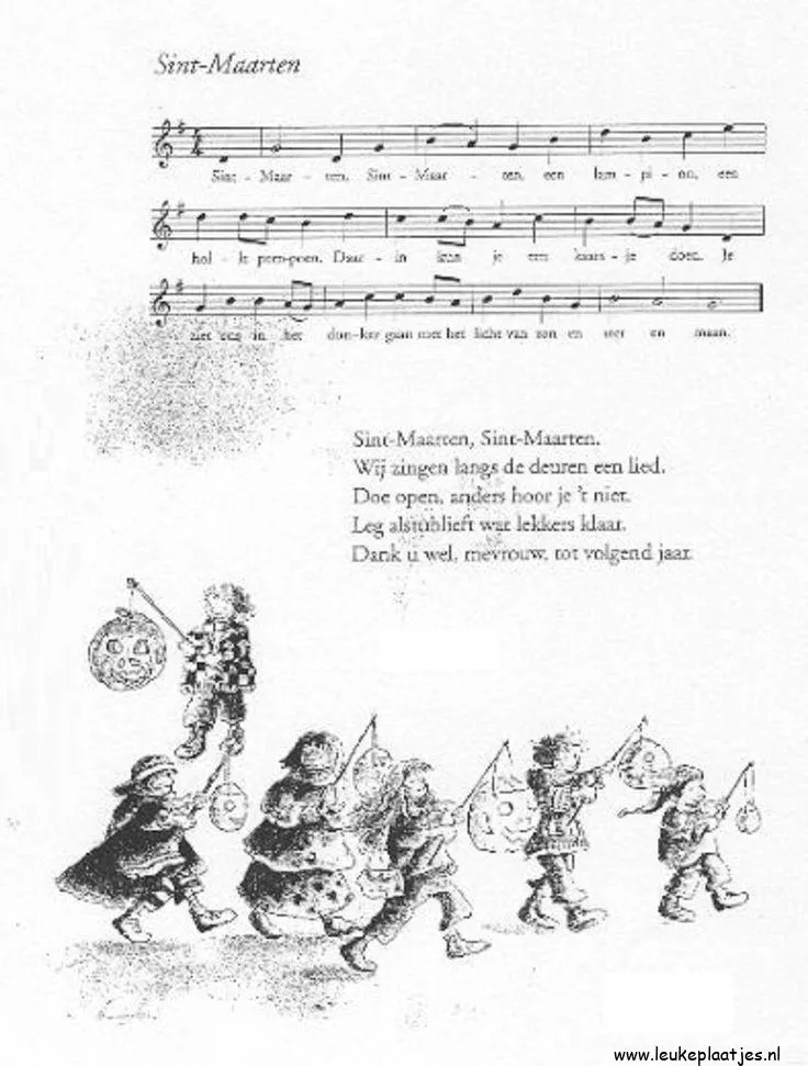 Tekening van kinderen met lampions, zingend rond een muzieknotenschrift.