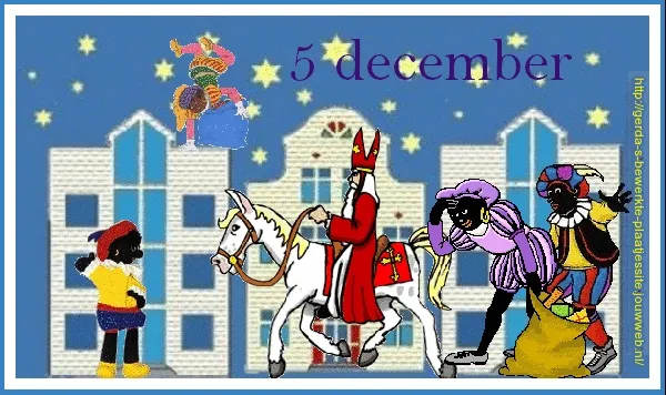 Afbeelding van Sinterklaas en Zwarte Piet met sterren op een blauwe achtergrond, datum: 5 december.
