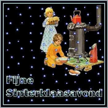 Kinderen spelen met voedsel rond een kachel, met een feestelijke achtergrond.