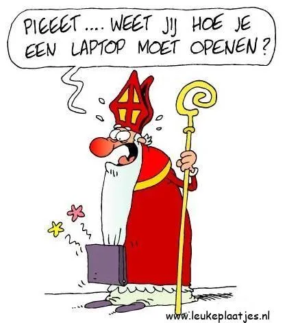 ᐅ sinterklaas afbeeldingen humor - Sinterklaas plaatjes Een man in bisschopsgewaad vraagt hoe hij een laptop moet openen.