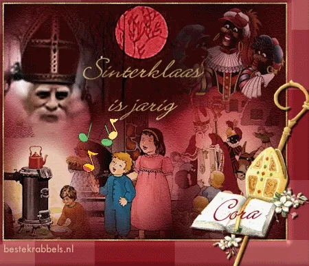 Sinterklaas feest met kinderen en diverse figuren in een kleurrijke scène.