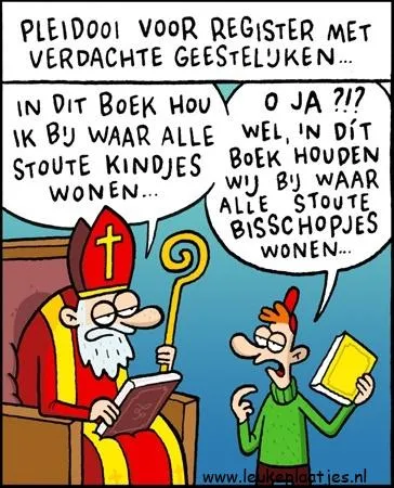 Een persoon in mantel praat met een man over een boek over stoute kinderen.