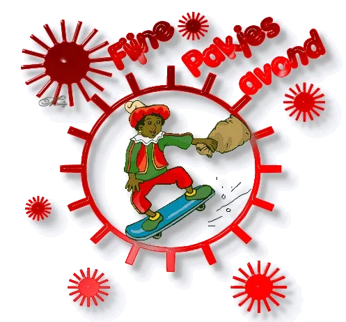 Jongen in feestoutfit skatet en geeft een hand met een zak, vrolijke achtergrond.