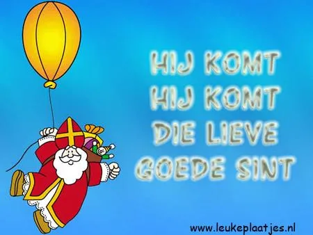 Tekst: "Aankomst van Sinterklaas met luchtballon en kleurrijke achtergrond."