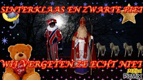 Sinterklaas en Zwarte Piet staan samen in een nachtelijk landschap met sterren en schapen.