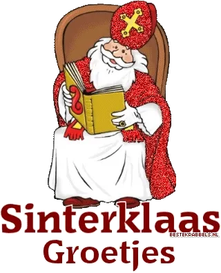 Sinterklaas zit op een stoel en leest een boek. Tekst: "Sinterklaas Groetjes".