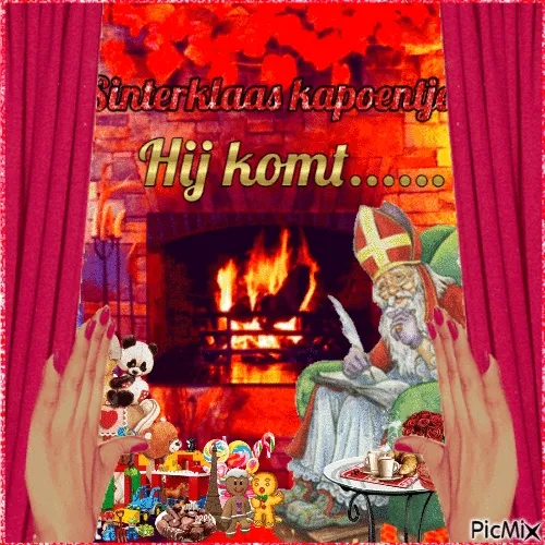 Sinterklaas zit in een stoel naast een open haard, met cadeaus en lekkernijen om hem heen.