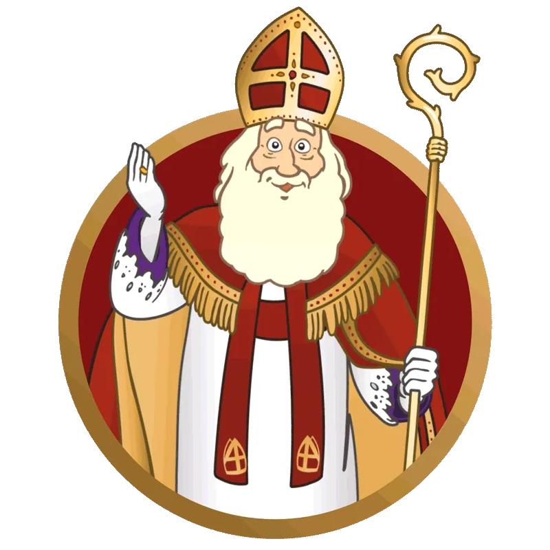 Sint Nicolaas met een mijter en staf, zwaaiend in een rond kader.