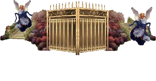 Gouden poort omringd door engelen en kleurrijke planten.