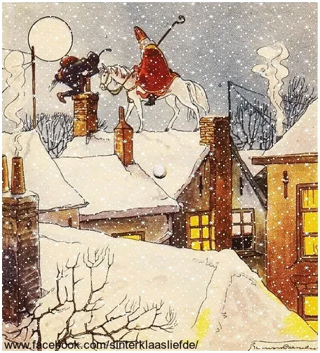 Een man in een schoorsteen en een Sinterklaas op een paard in de sneeuw.