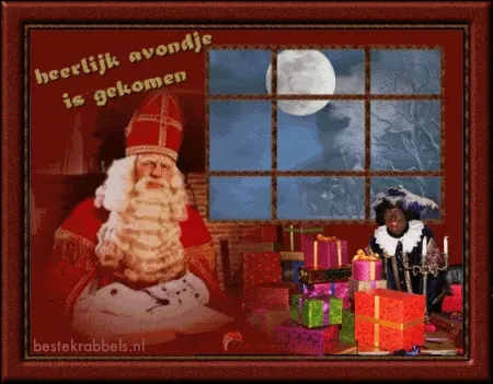 Sinterklaas en Zwarte Piet voor een raam met geschenken en een volle maan.