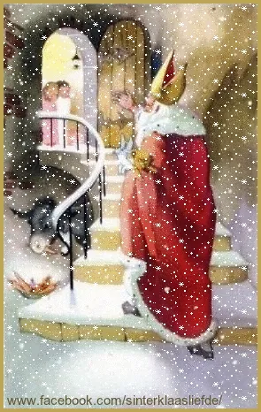 Sinterklaas staat op de trap met kinderen en sneeuw in de lucht.