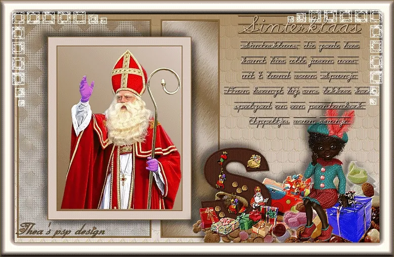 Sinterklaas in traditionele kleding, met staf en cadeaus rondom.
