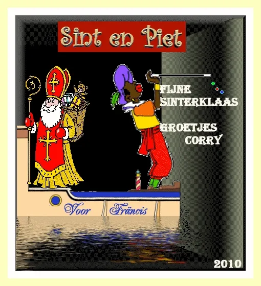 Sint en Piet staan op een boot, omringd door water en Sinterklaasversieringen.
