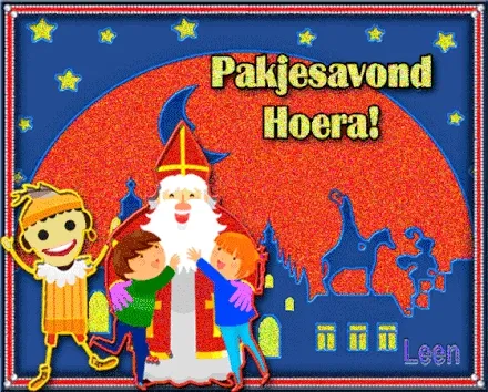 Kinderen omhelzen Sinterklaas met vrolijke achtergrond en tekst "Pakjesavond Hoera!"