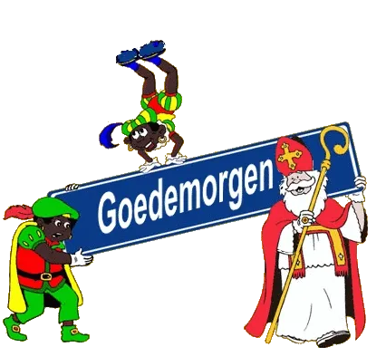 ᐅ sinterklaas plaatjes - Sinterklaas plaatjes Drie kleurrijke figuren houden een bord met de tekst "Goedemorgen" omhoog.