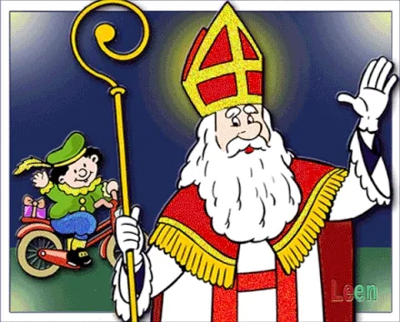 ᐅ sinterklaas plaatjes - Sinterklaas plaatjes Sinterklaas met een staf, terwijl een kind op een fiets voorbij rijdt.