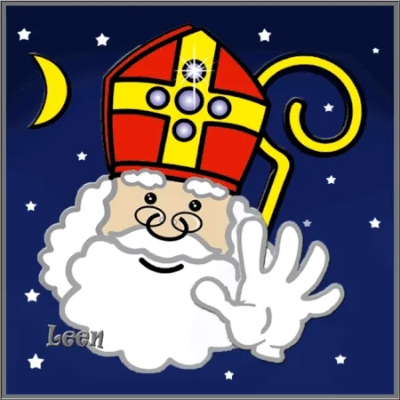 ᐅ sinterklaas plaatjes - Sinterklaas plaatjes Een vrolijke Sinterklaas met een wapperende hand en sterren op de achtergrond.