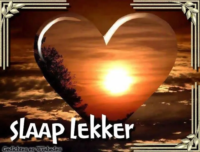 ᐅ slaap lekker kus - Welterusten plaatjes Zonsondergang in hartvorm met de tekst "Slaap Lekker" onderaan.