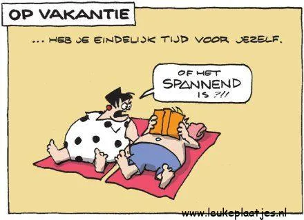 Twee mensen liggen op het strand, één leest een boek, de ander kijkt nieuwsgierig.