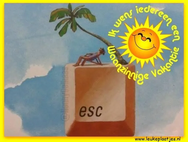 Een grote escape-toets met een zon en palmbomen, en een persoon die ontspant.