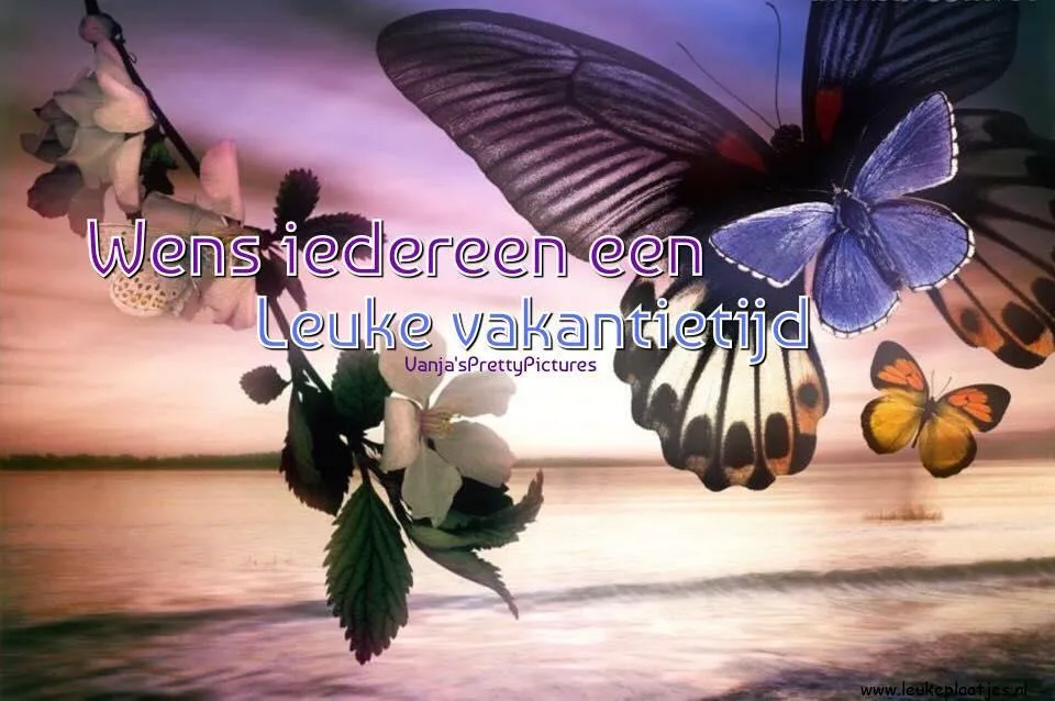 Kleurige vlinders zweven boven een zacht meer bij zonsondergang. Groet voor vakantie.