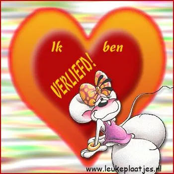 Een cartoon muis met een grote rode hartvorm en de tekst "Ik ben VERLIEFD!"
